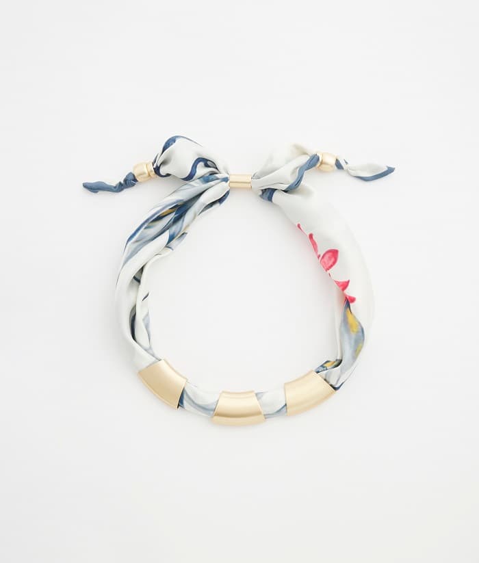 Floral silk scarf with necklace and gold hardware